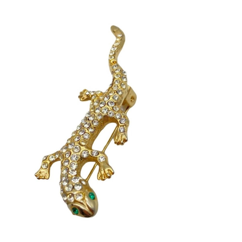 Lizard Salamander rhinestone encrusted brooch‎ lapel pin gold tone unmarked